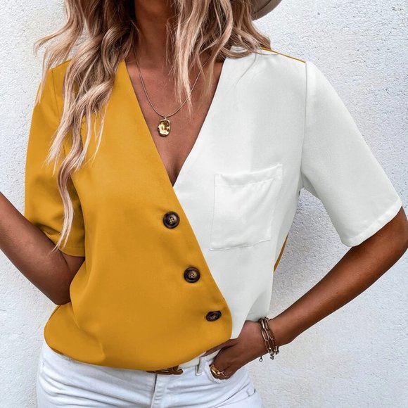 Contemporary Modern Colorblock Button detail Patched Pocket Blouse - Picture 4 of 6